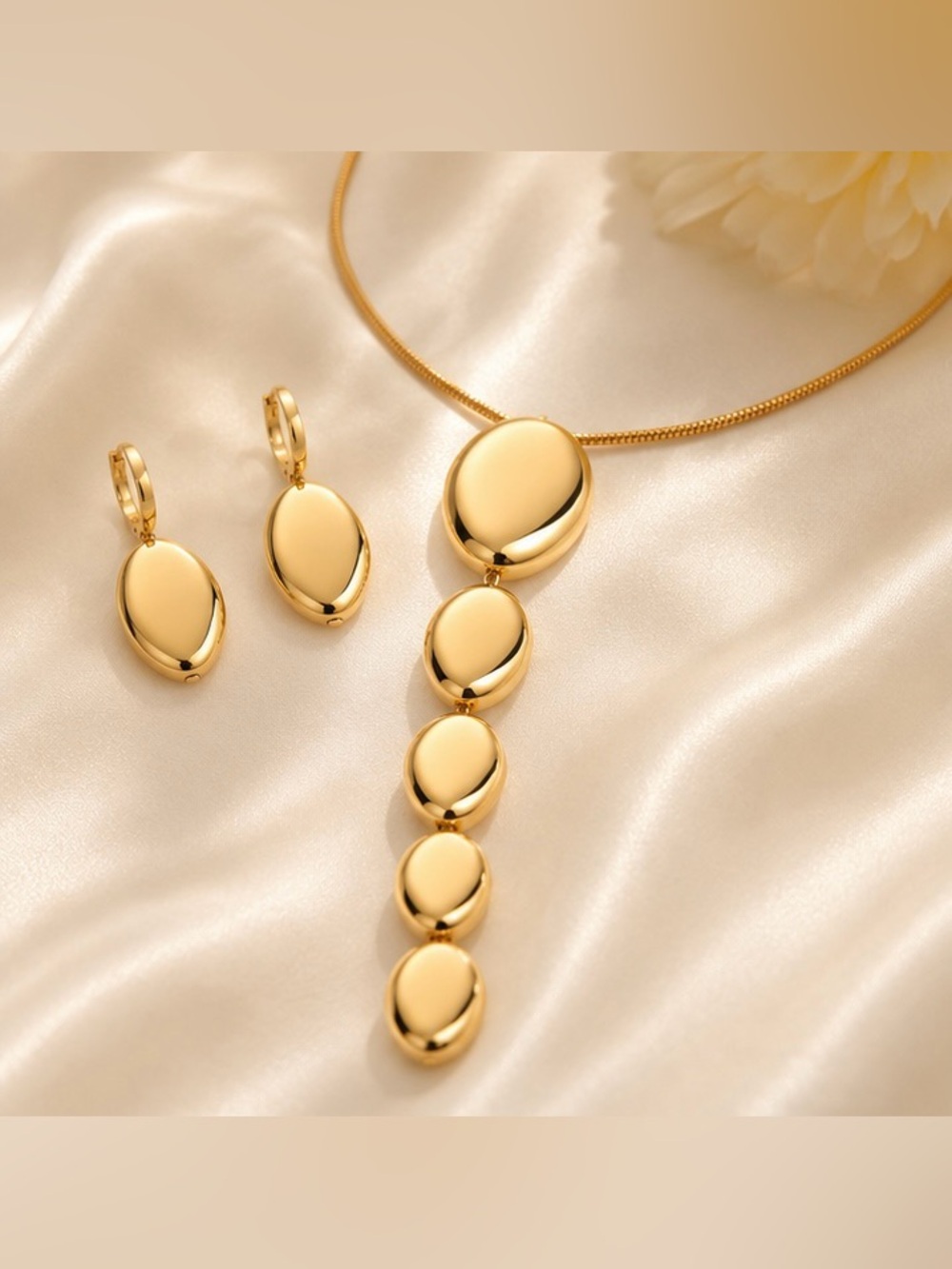 Gold Tone Long Drop Necklace & Earrings Set Modern Statement Jewelry
